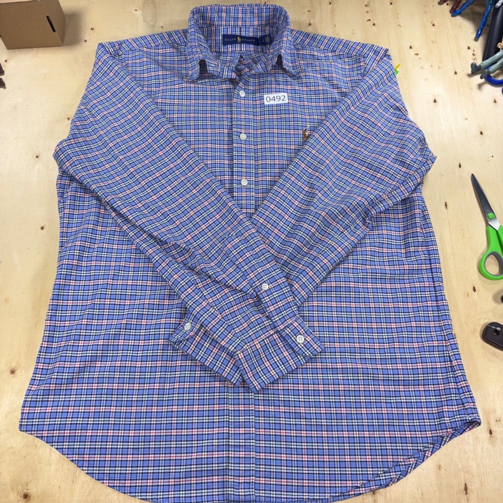 Ralph Lauren Mens Large Blue Red Plaid Long Sleeve Button Down Shirt Pony Logo